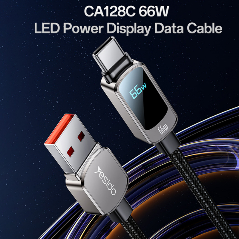 Cablu Date si Incarcare USB-A - USB-C Yesido CA128C Display, 66W, 1.2m, Negru - Display care nu te lasa sa ghicesti