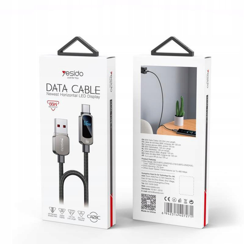 Cablu Date si Incarcare USB-A - USB-C Yesido CA128C Display, 66W, 1.2m, Negru - 66W prin USB-A, pentru telefoanele cu incarcare proprietara