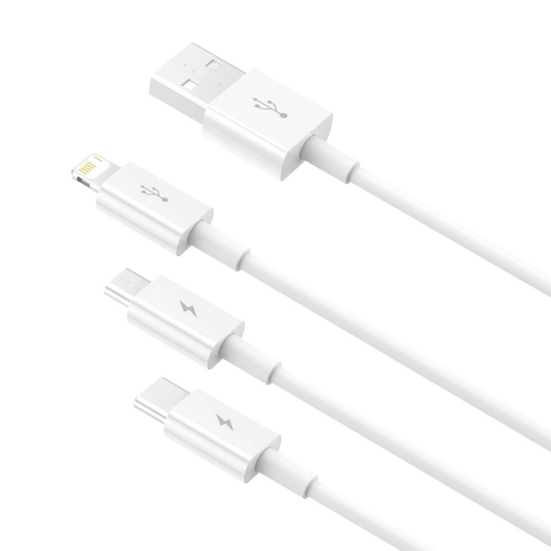 Cablu Incarcare USB-A - Lightning / microUSB / USB-C Baseus Superior 3in1 Series, 20W, 1m, Alb P10320105221-00  - Merge din orice port USB-A