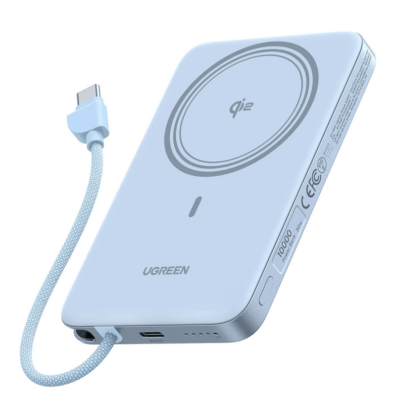 Baterie Externa Wireless UGREEN PB570 (65839B), 10000mAh, 30W, PD + FQI, 1 x QI - 2 x USB-C, Bleu