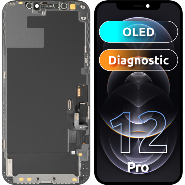 Display cu Touchscreen MP compatibil cu Apple iPhone 12 / 12 Pro, cu Rama, Versiune OLED Diagnostic, Negru