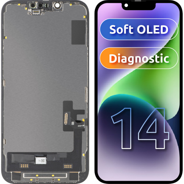 Display cu Touchscreen MP compatibil cu Apple iPhone 14, cu Rama, Versiune Soft OLED FHD Diagnostic, Negru