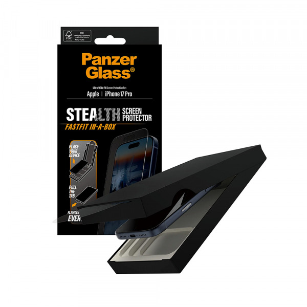 Folie de protectie Ecran PanzerGlass Ultra-Wide Fit Stealth Fastfit pentru Apple iPhone 17 Pro, Sticla Securizata, Full Glue, Neagra