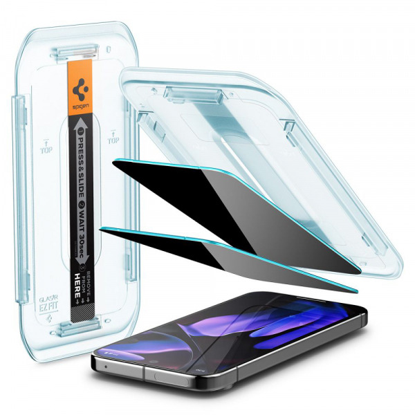 Folie de protectie Ecran Privacy Spigen GlastR EZ FIT pentru Google Pixel 9 / 9 Pro, Sticla Securizata, Full Glue, Set 2 bucati