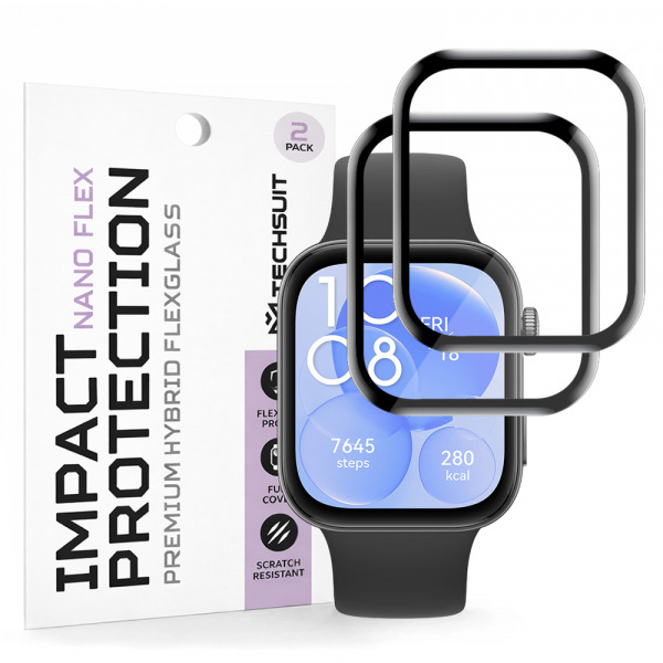 Folie Protectie Techsuit Nano Flex pentru Huawei Watch Fit 3, Set 2 bucati, Plastic, Neagra