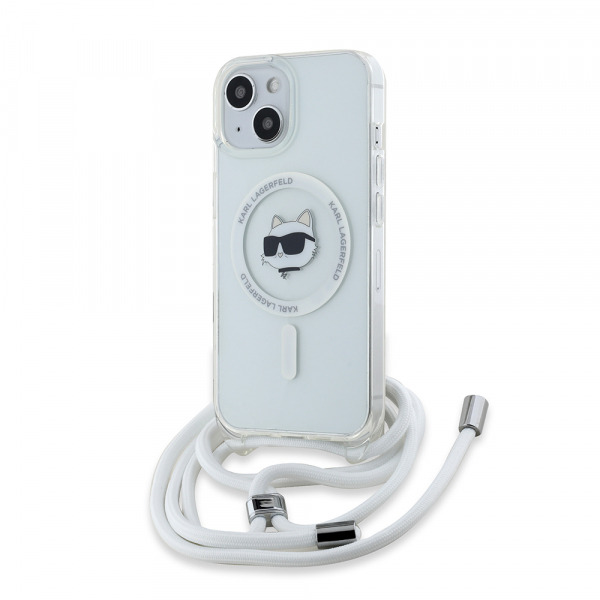 Husa MagSafe pentru Apple iPhone 14, Karl Lagerfeld, IML Crossbody Choupette's Head with Strap, Transparenta