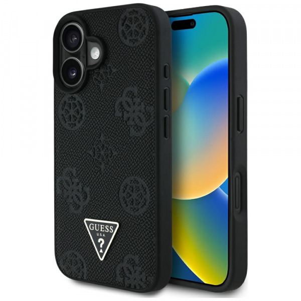 Husa MagSafe pentru Apple iPhone 16, Guess, Peony Grained Hot Stamp Triangle, Neagra