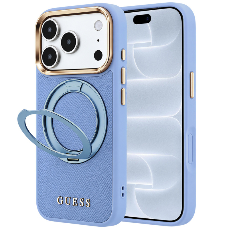 Husa MagSafe pentru Apple iPhone 18 Pro / 17 Pro, Guess, Grained Ring Stand 360 Classic, Bleu