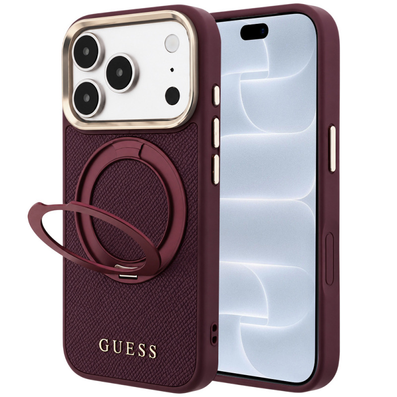 Husa MagSafe pentru Apple iPhone 18 Pro / 17 Pro, Guess, Grained Ring Stand 360 Classic, Visinie