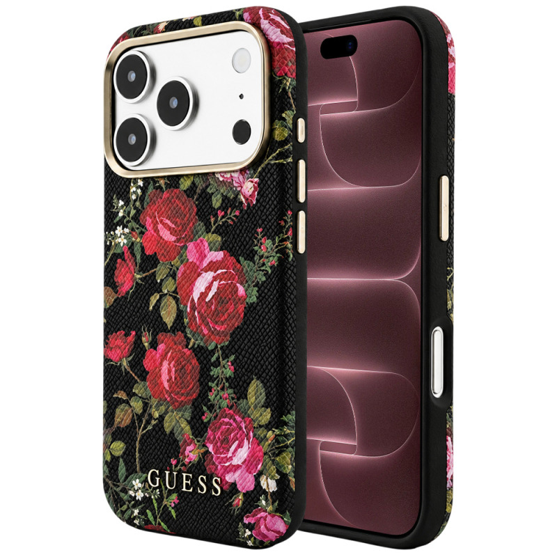Husa MagSafe pentru Apple iPhone 18 Pro Max / 17 Pro Max, Guess, Blossom Roses Print, Neagra