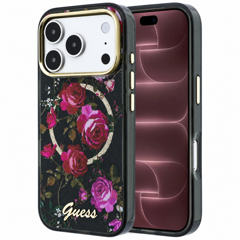 Husa MagSafe pentru Apple iPhone 18 Pro Max / 17 Pro Max, Guess, IML Glitter Blossom Roses, Neagra