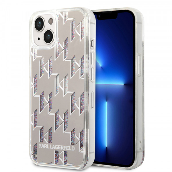 Husa pentru Apple iPhone 14, Karl Lagerfeld, Liquid Glitter Monogram, Argintie