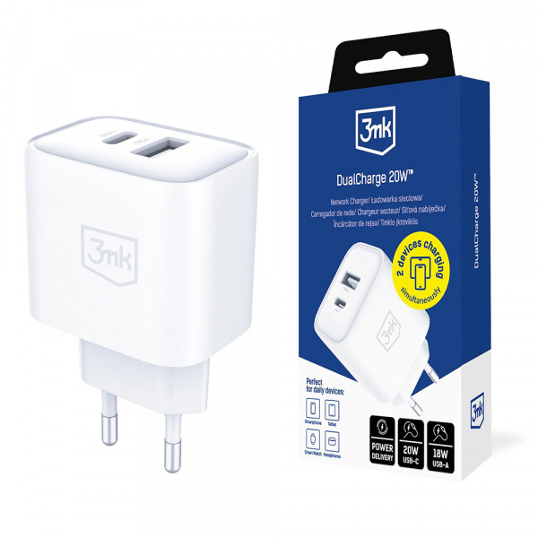Incarcator Retea 3MK DualCharge, 20W, 3A, 1 x USB-A - 1 x USB-C, Alb