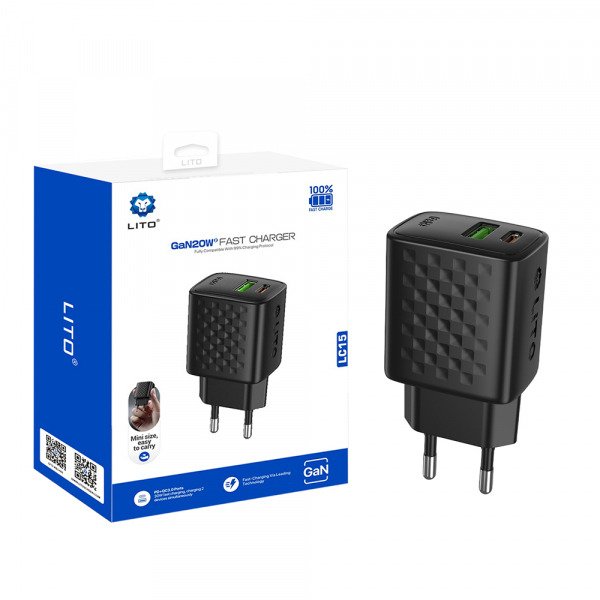Incarcator Retea Lito LC15, 20W, 3A, 1 x USB-A - 1 x USB-C, Negru