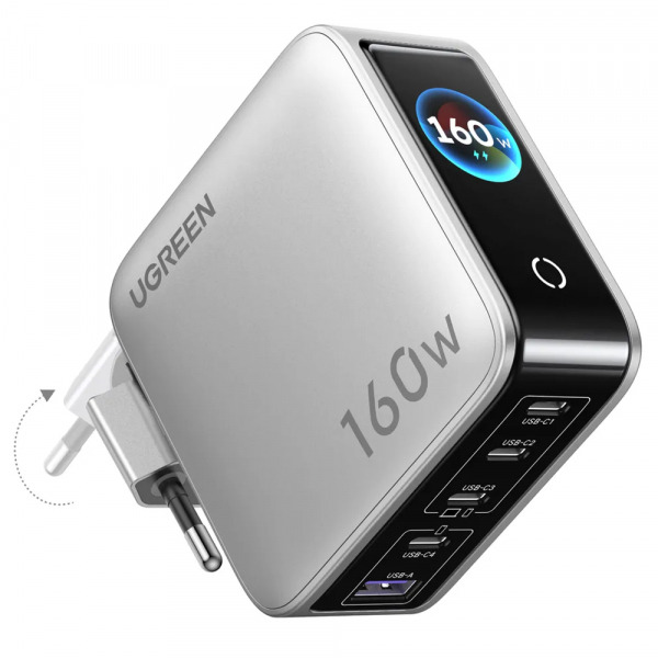 Incarcator Retea UGREEN Nexode Pro X774 (65637B) Display, 160W, 5A, 1 x USB-A - 4 x USB-C, Gri