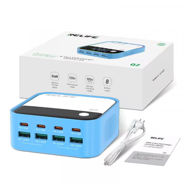 Incarcator Statie Relife Q2, 120W, 5A, 4 x USB-A - 4 x USB-C, Albastru