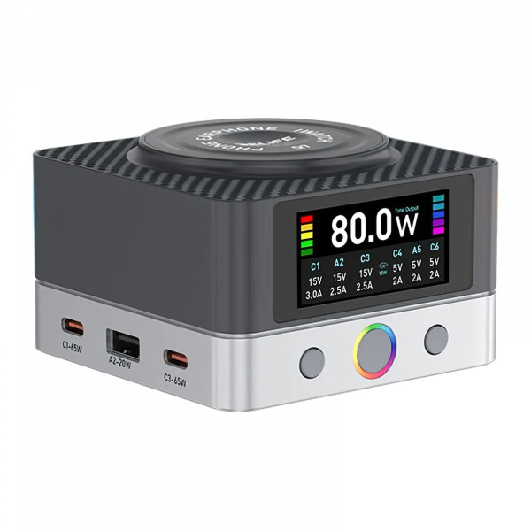 Incarcator Statie Relife Q7 QI, 80W, 3.25A, 2 x USB-A - 4 x USB-C, Gri