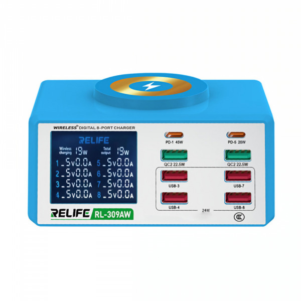 Incarcator Statie Relife RL-309AW, 100W, 5A, 2 x USB-C - 6 x USB-A, Albastru