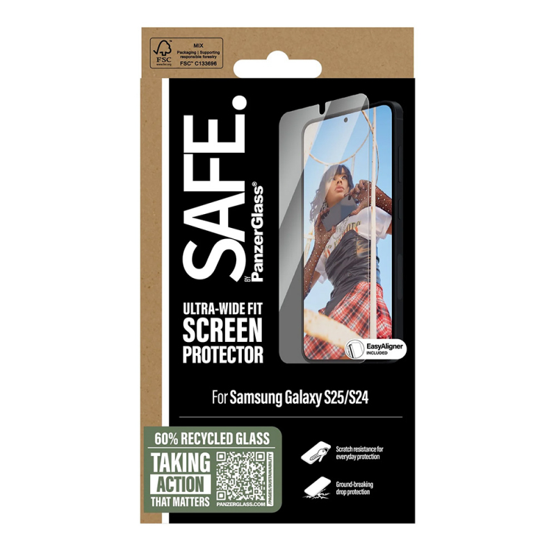 Folie de protectie Ecran PanzerGlass Safe. Ultra-Wide Fit EasyAligner pentru Samsung Galaxy S25 S931 / S24 S921, Sticla Securizata, Full Glue - Potrivire pe Samsung Galaxy S25 S931 / S24 S921