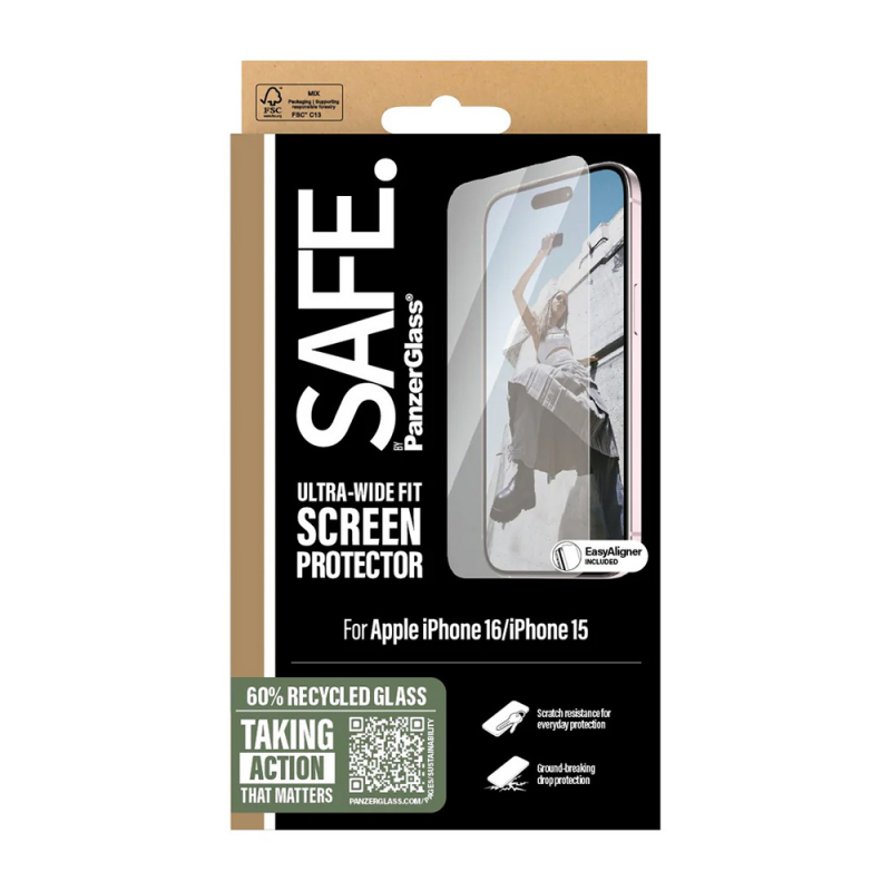 Folie de protectie Ecran PanzerGlass Safe. Ultra-Wide Fit pentru Apple iPhone 16 / 15, Sticla Securizata, Full Glue - Potrivire pe Apple iPhone 16 / 15