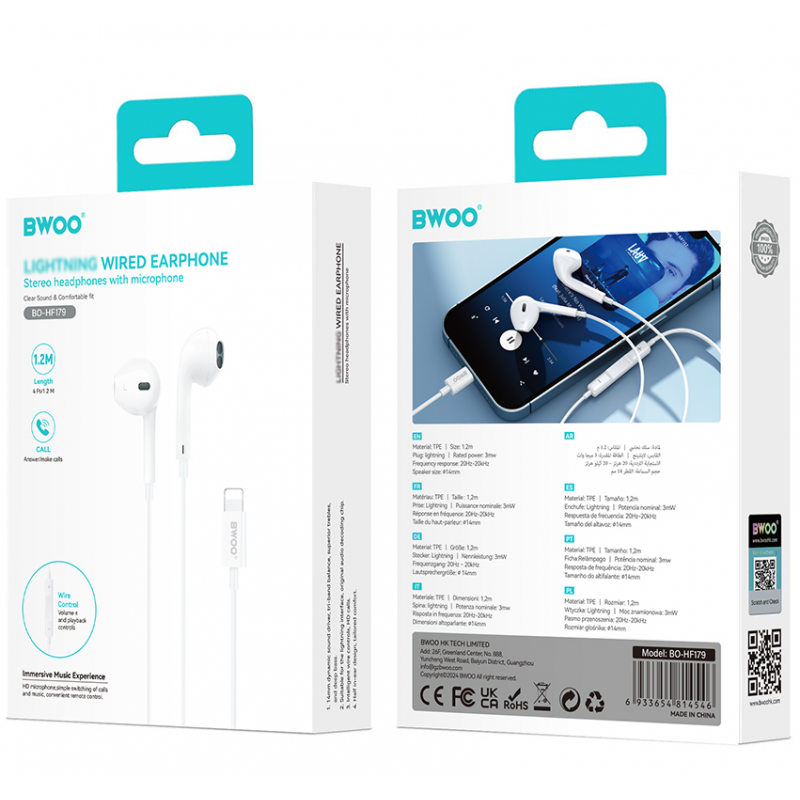 Handsfree Lightning BWOO BO-HF179, Alb  - Purtare zilnica