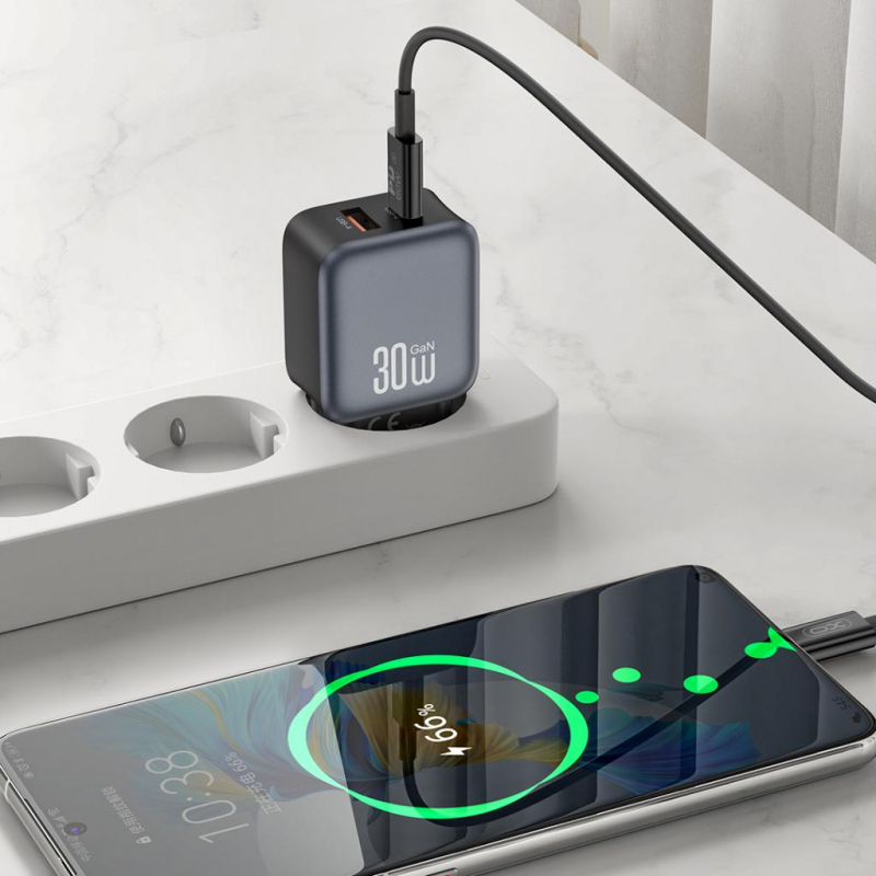 Incarcator Retea XO Design L156, 30W, 3A, 1 x USB-A - 1 x USB-C, Negru - Compactitate si montare pe perete