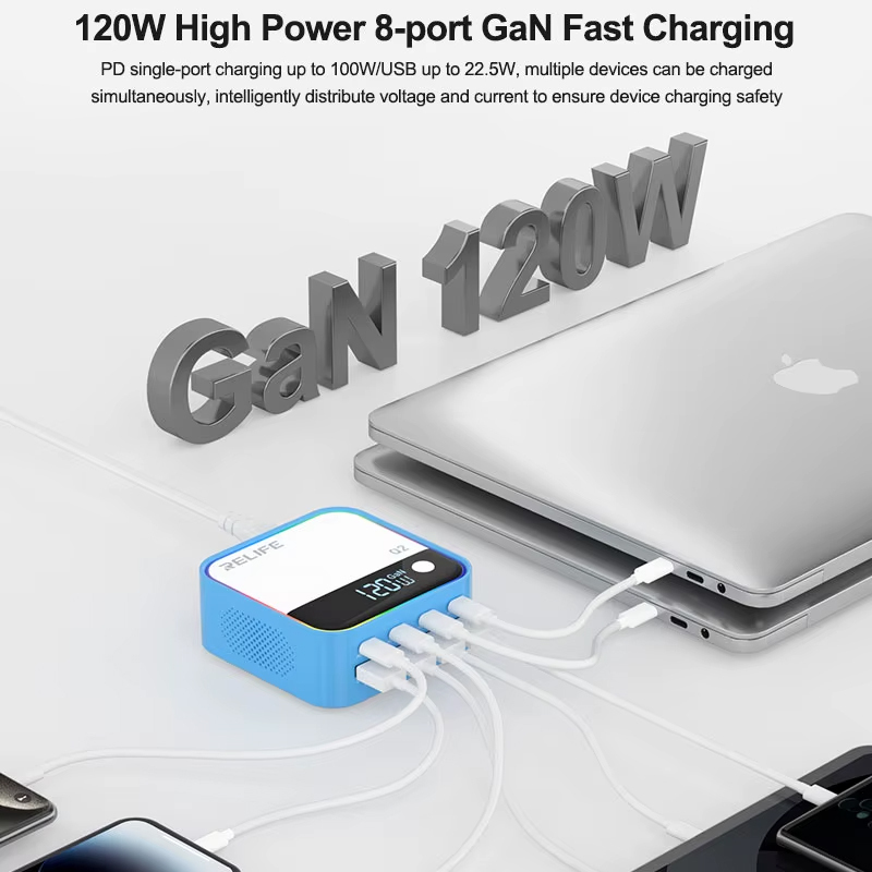 Incarcator Statie Relife Q2, 120W, 5A, 4 x USB-A - 4 x USB-C, Albastru  - Putere si porturi