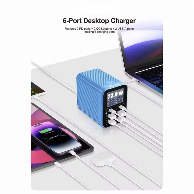 Incarcator Statie Relife Q4, 72W, 5A, 2 x USB-C - 4 x USB-A, Gri - Configuratia porturilor