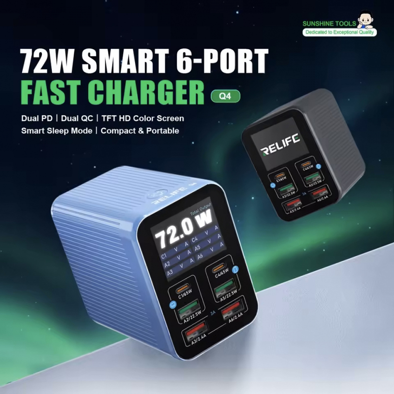 Incarcator Statie Relife Q4, 72W, 5A, 2 x USB-C - 4 x USB-A, Gri - Unde o folosesti