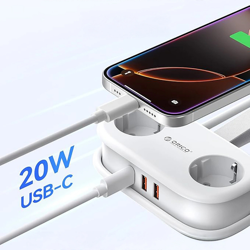 Prelungitor Orico APP, 2 x Schuko - 2 x USB-A - 1 x USB-C, Alb - Pe drum si la hotel