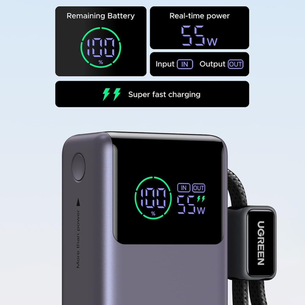 Baterie Externa UGREEN Nexode Pro PB727 (85301B), 10000mAh, 55W, QC + PD, 1 x USB-A - 2 x USB-C, Gri - Caracteristici