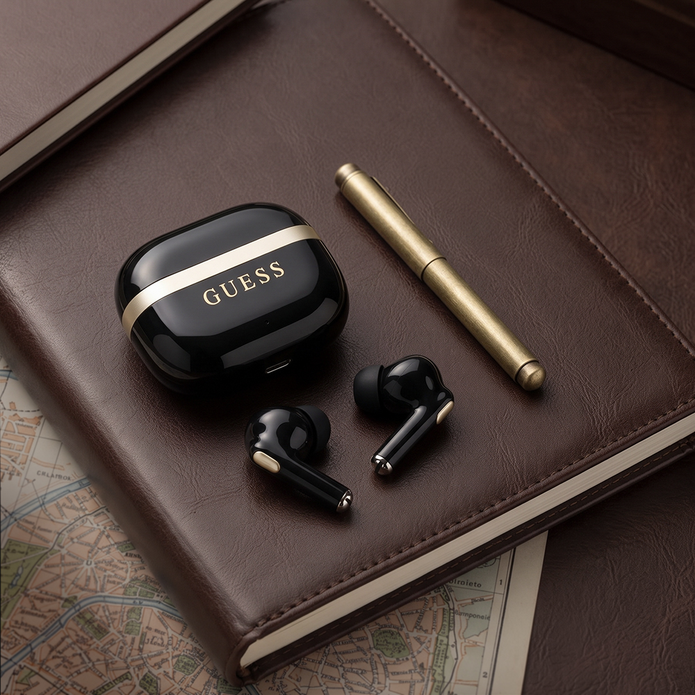Handsfree Bluetooth Guess Glossy Gold Line Printed Classic Logo, TWS, Negru - Compatibilitate