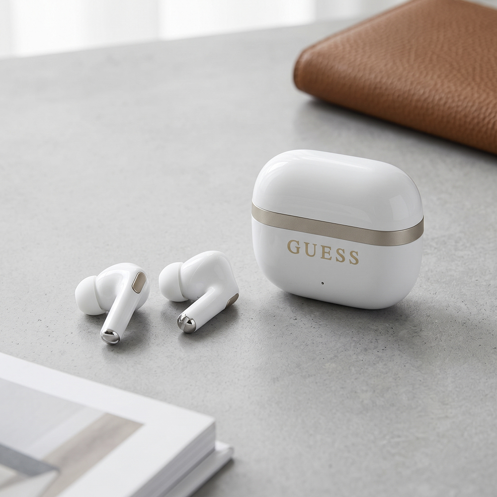 Handsfree Bluetooth Guess Glossy Gold Line Printed Classic Logo, TWS, Roz - Caracteristici