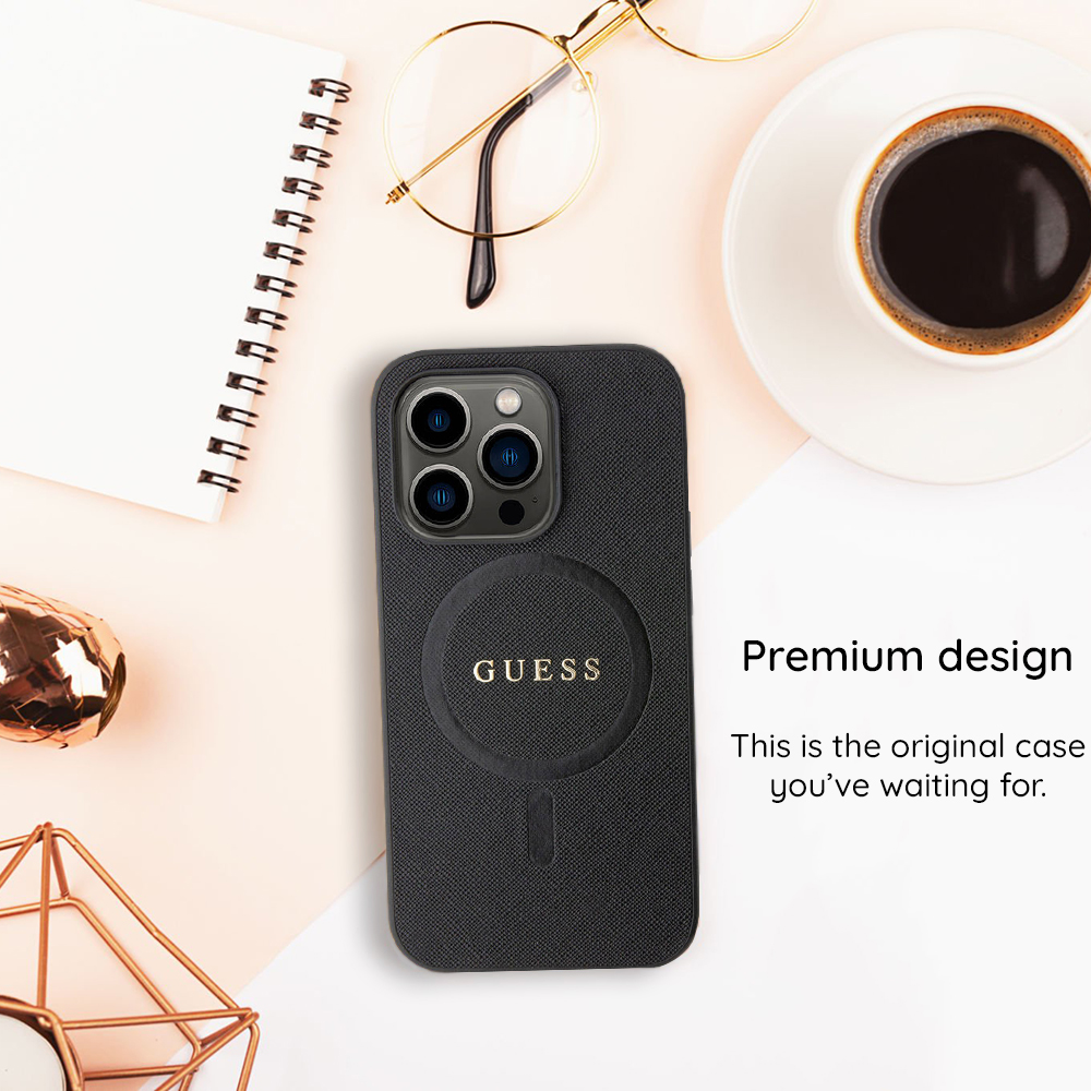 Husa MagSafe pentru Apple iPhone 18 Pro / 17 Pro, Guess, Saffiano Peony Ring, Bej - Compatibilitate