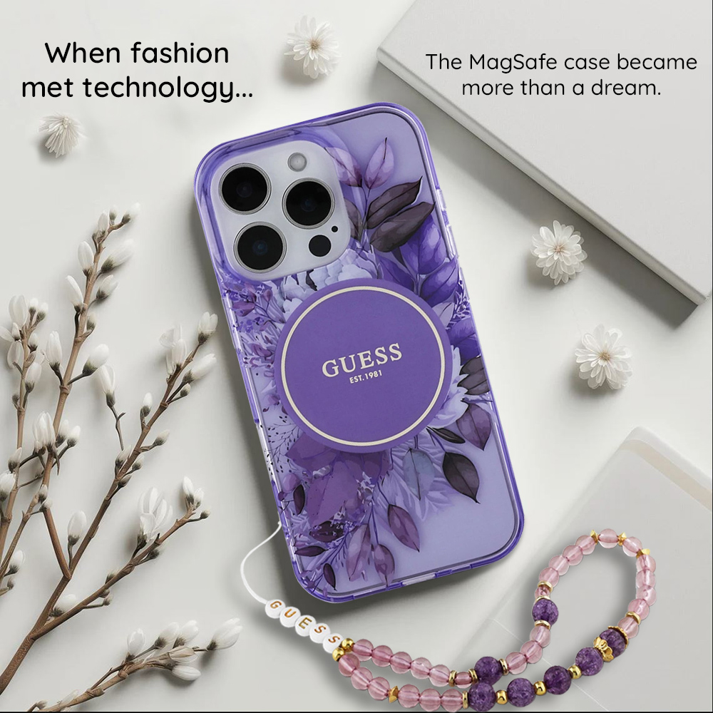 Husa MagSafe pentru Apple iPhone 18 Pro Max / 17 Pro Max, Guess, IML Glitter with Pearl Strap, Neagra - Ingrijire