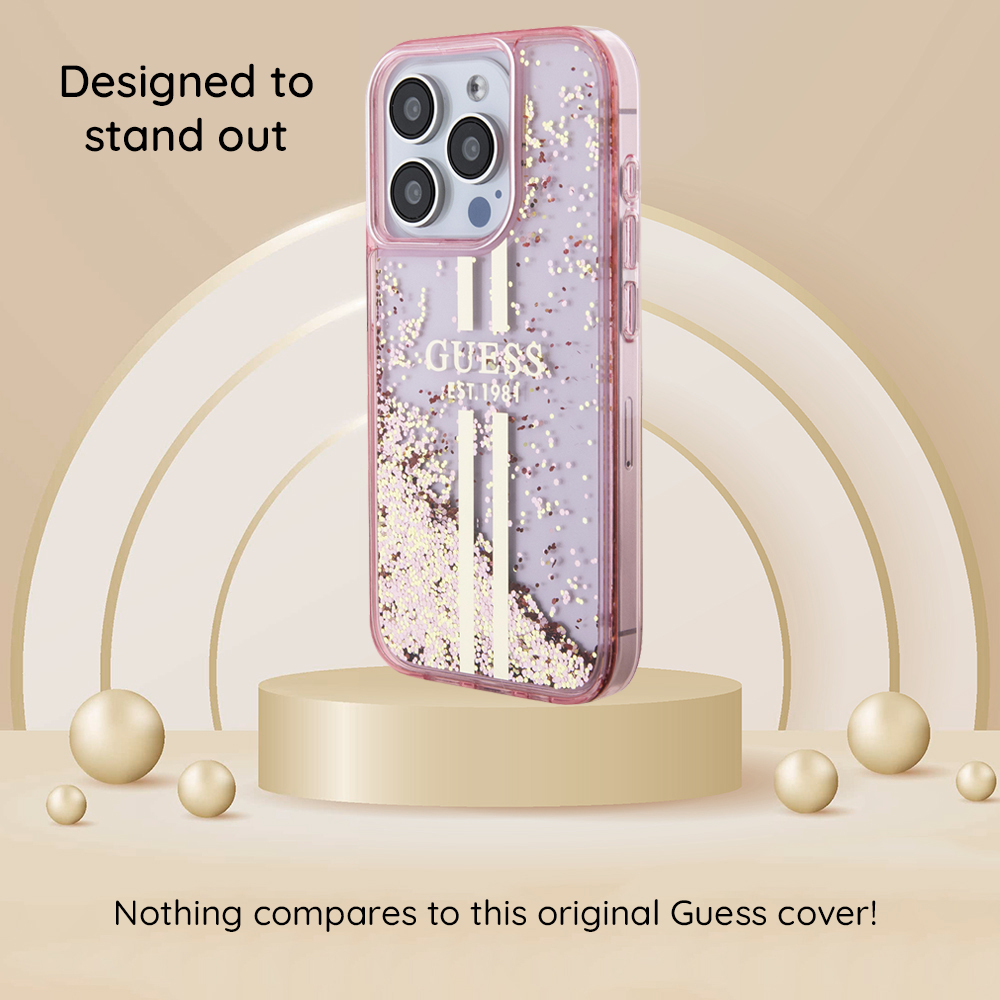 Husa pentru Apple iPhone 15, Guess, Liquid Glitter Gold Stripes, Neagra - Potrivire pe iPhone 15