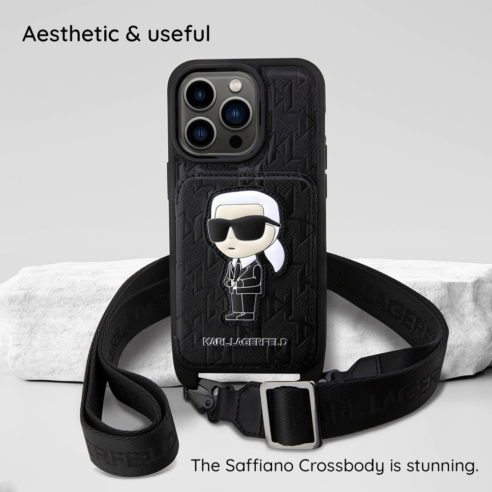 Husa pentru Apple iPhone 18 Pro / 17 Pro, Karl Lagerfeld, Saffiano Crossbody Metal Pin Karl & Choupette, Neagra - Modele compatibile