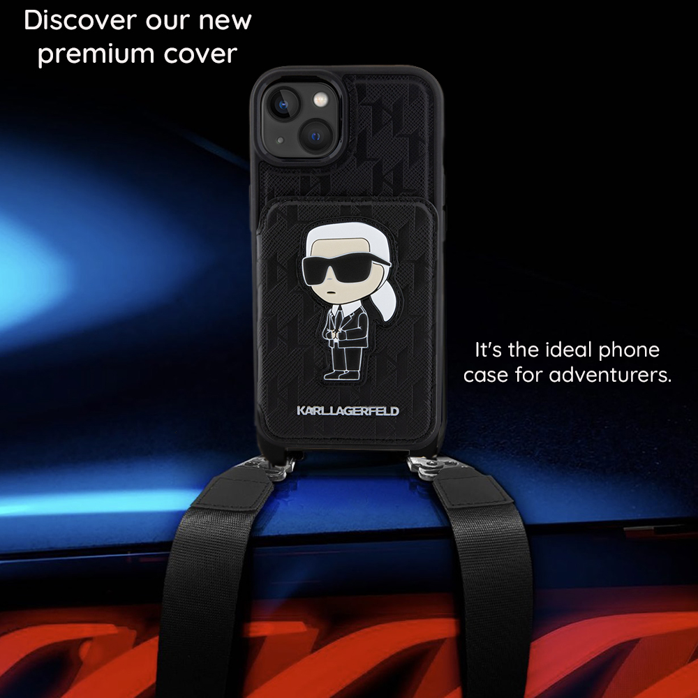 Husa pentru Apple iPhone 18 Pro / 17 Pro, Karl Lagerfeld, Saffiano Crossbody Metal Pin Karl & Choupette, Neagra - Folosire zilnica