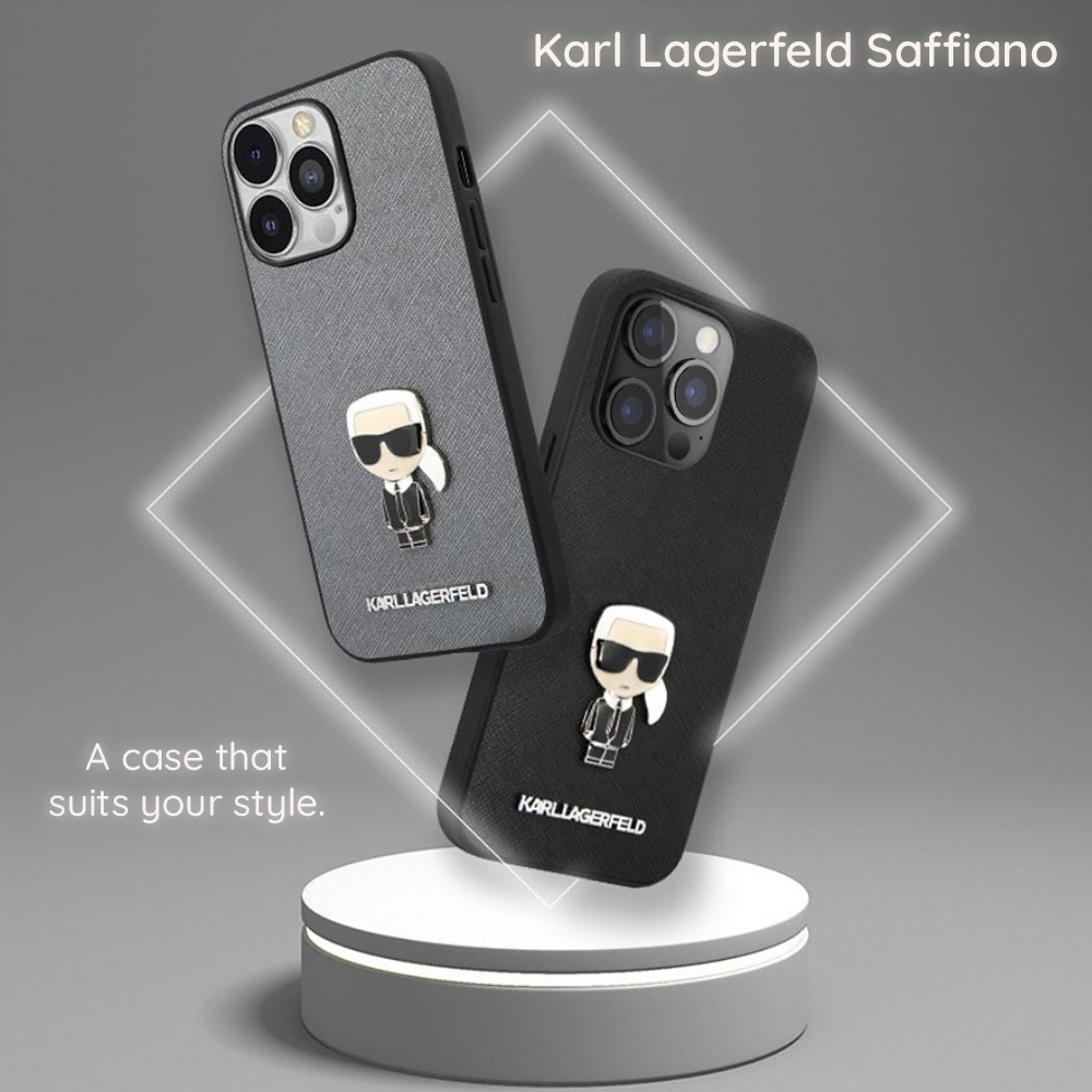 Husa pentru Apple iPhone 18 Pro / 17 Pro, Karl Lagerfeld, Saffiano with Karl & Choupette Head's Pin and Logo, Bleu - Modele compatibile