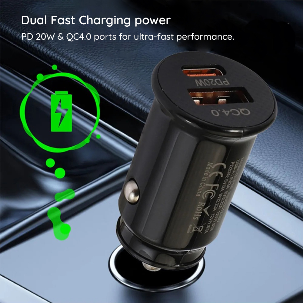 Incarcator Auto Techsuit C4 MiniFuseX, 20W, 3A, 1 x USB-A - 1 x USB-C, Negru - Format minuscul, fara compromis la porturi