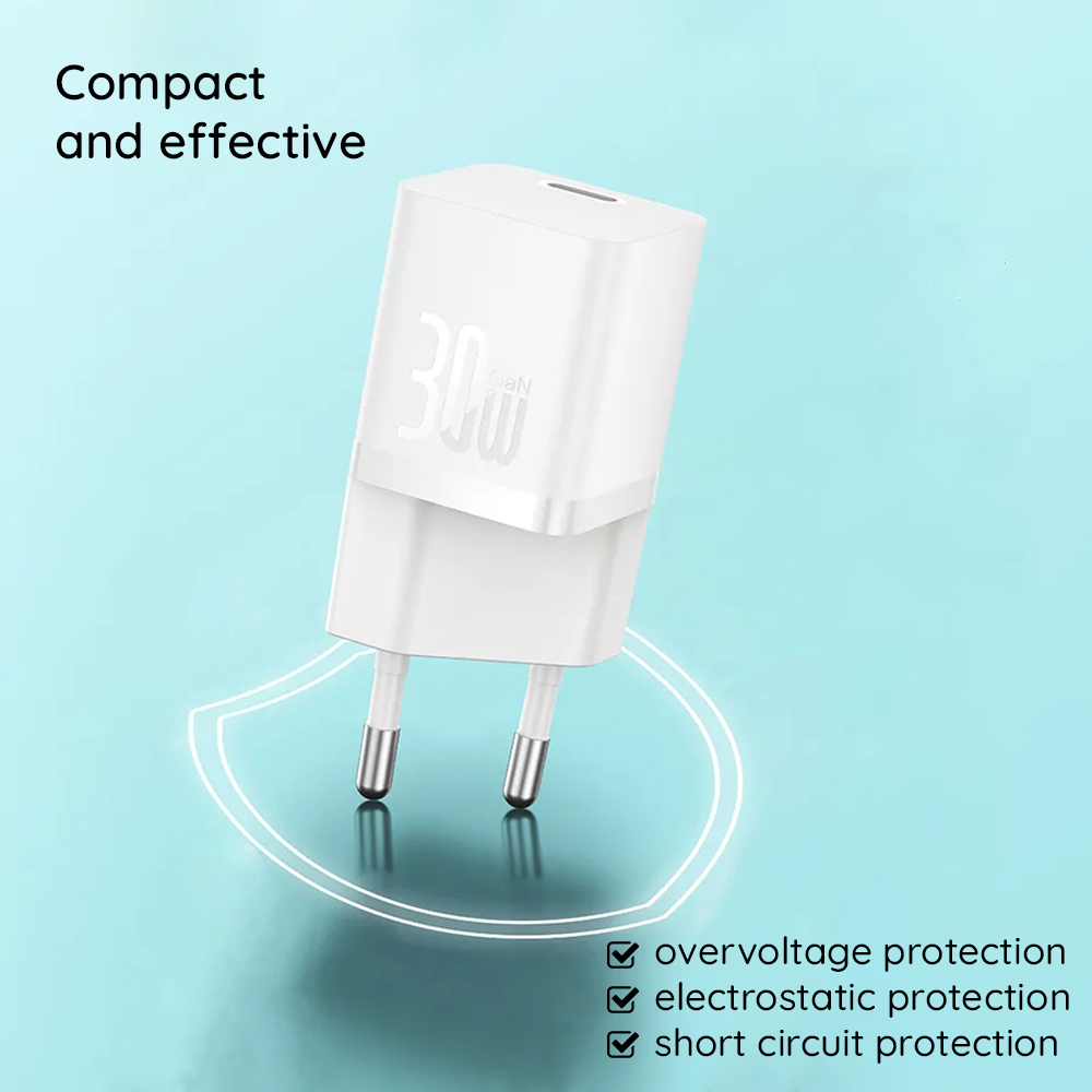 Incarcator Retea Baseus GaN Mini 1C, 30W, 3A, 1 x USB-C, Albastru CCGN070603 - Power Delivery gestioneaza totul automat