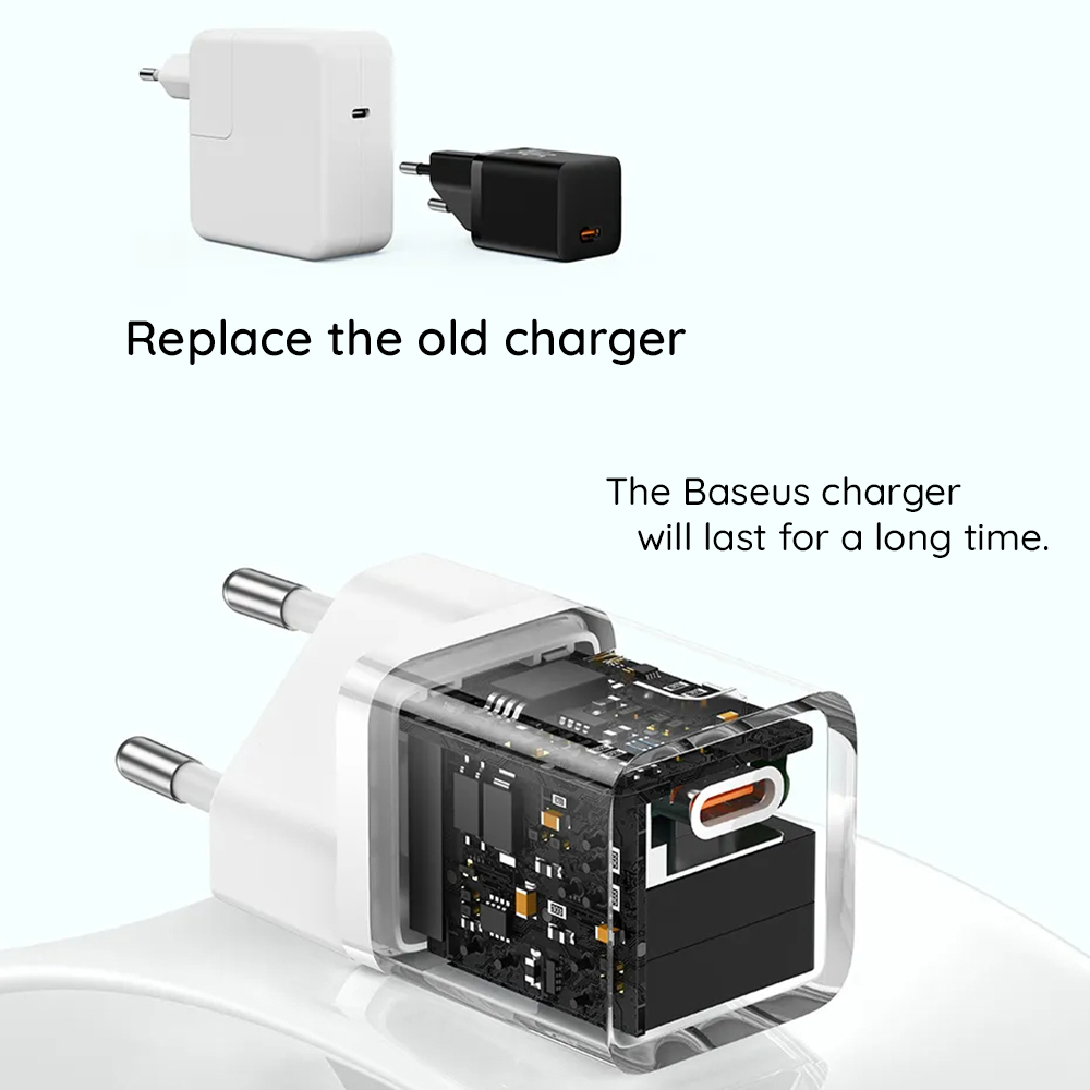 Incarcator Retea Baseus GaN Mini 1C, 30W, 3A, 1 x USB-C, Albastru CCGN070603 - Eficienta GaN, culoare care se remarca