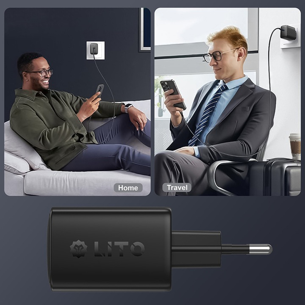 Incarcator Retea Cu Cablu USB-C Lito LC22T, 45W, 3A, 2 x USB-C, Negru - 45W impartiti inteligent