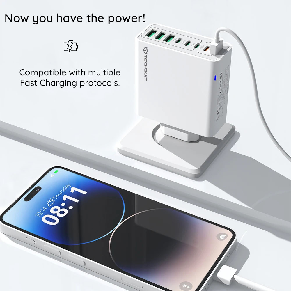 Incarcator Retea Techsuit CHPD224, 65W, 3.25A, 4 x USB-A - 4 x USB-C, Alb - 65W pe opt porturi simultane, capacitate birou
