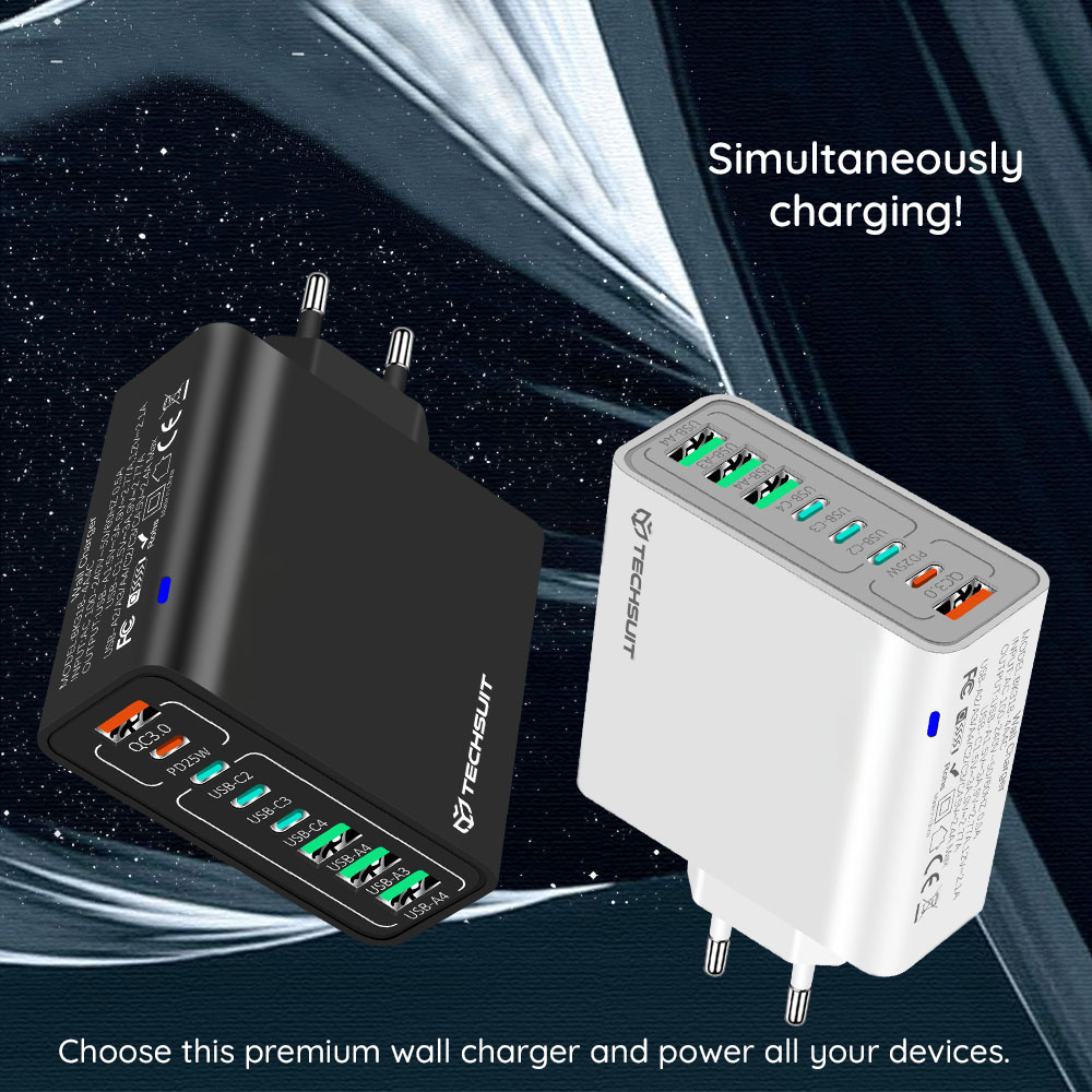Incarcator Retea Techsuit CHPD224, 65W, 3.25A, 4 x USB-A - 4 x USB-C, Alb - Alb modern, incarcator de birou elegant