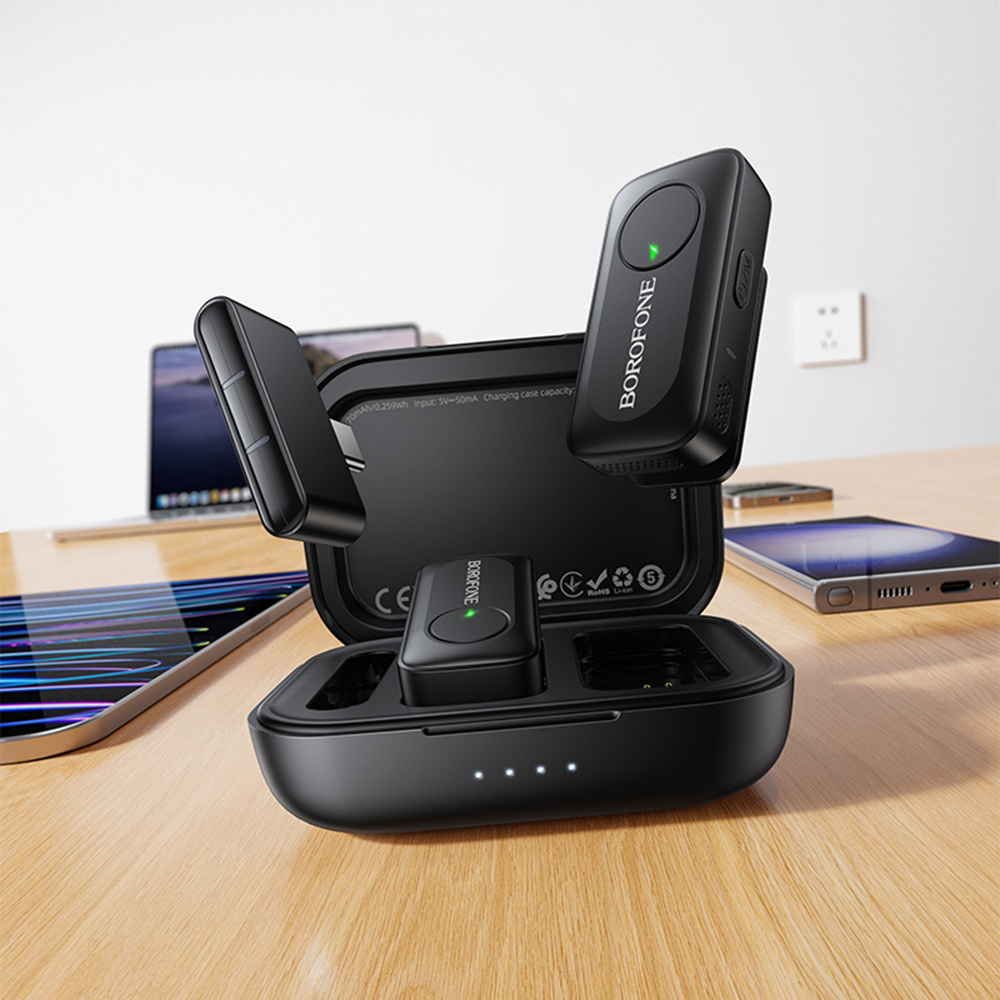Lavaliera Borofone BFK17 Lemai, USB-C, Set 2 bucati, Neagra - Sistemul dual si carcasa de incarcare